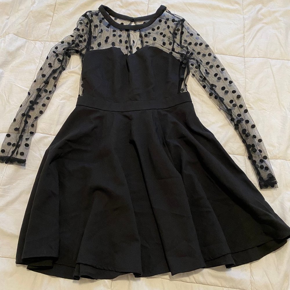 Black Dress, cinched waist and polka dot mesh top
